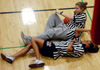 Intramural basketball referees Steffanie Grisham and Heather Harrison take a break between games. - Photo by Jonathan Blair