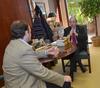 David S. Dockery, president of the university, visits with Ross Douthat, New York Times columnist and author, in the office of the President prior to Union Forum.
 - Photo by Morris Abernathy