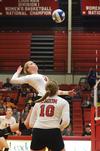 Kristin Cook, freshman psychology major, goes up to spike to ball during a game against University of Alabama-Huntsville. - Photo by Zac Calvert