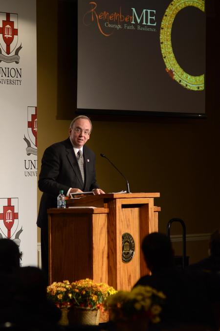 David S. Dockery, president of the university, encourages homicide-loss survivors at the fifth annual Remember Me Commemorative Walk.