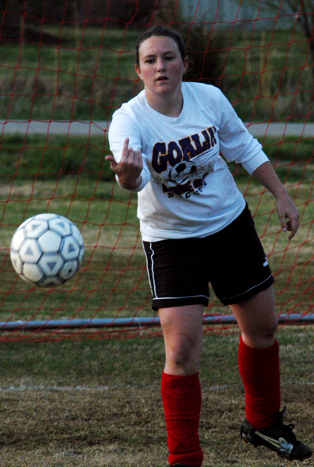 Sophomore Whitney Morreau tends the goal during an intramural soccer game.