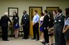 Former Secretary of Defense Robert M. Gates talks with Student Government Association president Kylie McDonald, senior political science major, and other student leaders during a reception before the 15th Annual Scholarship Banquet.  - Photo by Anne Richoux