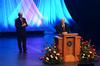 Robert M. Gates, former U.S. secretary of defense, and David S. Dockery, president of the university, laugh as he answers questions at the 15th Annual Scholarship Banquet.   - Photo by Zac Calvert