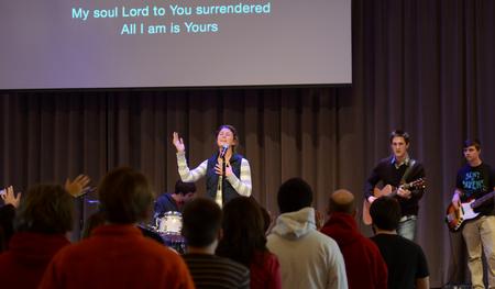 Bethany Gaines, sophomore elementary education major, leads worship in chapel.