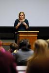 Kimberly Thornbury, vice president for student services, gives students leadership advice during a Student Senate meeting. - Photo by Anne Richoux