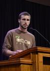Chris Hare, freshman digital media studies major, gives his perspective during chapel on the Memphis GO Trip he participated in over Spring break. - Photo by Jacob Moore