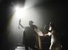 The Phantom, played by Claudia Velasco, leads Christine, played by Tori Brooks, across the stage to the opera house's underground lair during Zeta Tau Alpha's performance of "Phantom of the Opera" at the 16th annual Variety Show. - Photo by Jacob Moore