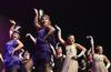 At center, Elizabeth Oakes, junior public relations major, heads up a dance routine during Kappa Delta's performance at the 16th annual Variety Show. - Photo by Jacob Moore