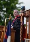 David S. Dockery, president of the university, welcomes the largest graduation crowd in Union's history on the Great Lawn during the 188th Spring Graduation. - Photo by Jacob Moore
