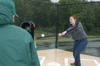 Mark VanderHaar pitches to senior Rachel Jones  during the whiffle ball challenge at Pringles Park during the Watters Amazing Race.  - Photo by Kristen Hiller