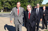 Former President George H.W. Bush arrives on the campus of Union University and is escorted into Penick Academic Complex by Union President David S. Dockery.  - Photo by Morris Abernathy