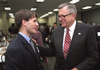 Freshman Christian Studies major Kevin Pratt speaks with Charles Colson after the Red Carpet Banquet.
 - Photo by Jim Veneman