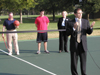 Represenative of the Class of 2002, Matt Thomas, tells the gathered crowd about his dream for this court at the dedication of the Class of 2002 Basketball Court. Pictured in the background from left to right: President David S. Dockery, Senior Class President Casey Stafford, and Dean of Students Kimberly Thornbury. - Photo by Cam Tracy