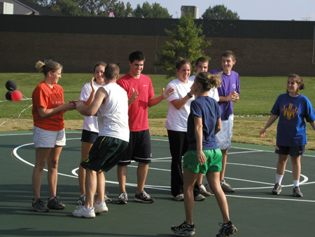 The student team at the dedication of the Class of 2002 Basketball Court is introduced.  From left to right: Amy Edge, Erin Kay, Michael Talley, Casey Stafford, Reagan Carfield, Rachael Lovelace, Ben Dockery, Joey Ashby, & Tina Smith. 