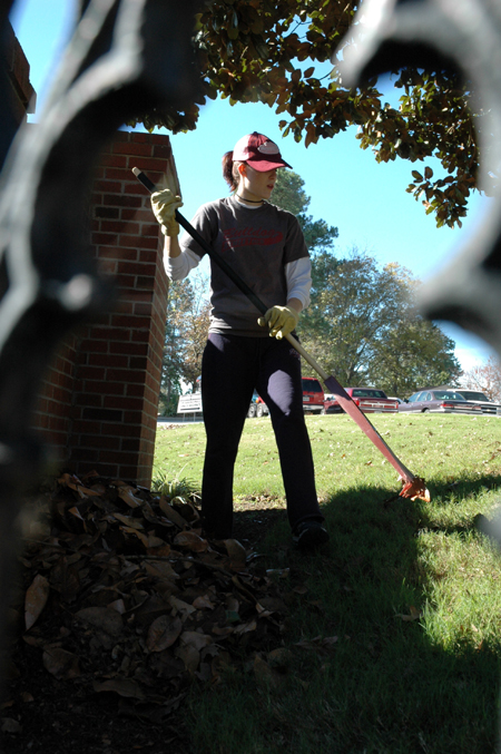 Sophomore Shana Willows rakes leaves at Birth Choice during Day of Remembrance.