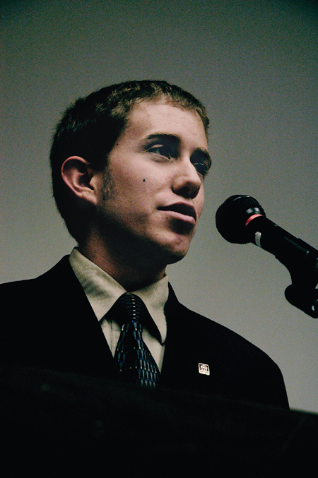 Junior Brad Spencer lobbies for votes during the SGA executive officers elections. Brad was later elected SGA President for the 2005-2006 year.