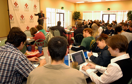 Author and theologian Millard Erickson lectured in conjunction with the Scholar-in-Residence Program this spring.  Here he presented his lecture  entitled "Can Theology Learn Anything from History?" to a roomful.