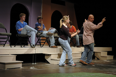 Freshman Jill Casey, theatre major, and junior Ben Lancaster, theatre and English major, act up during Alpha Psi Omega’s first annual improv night, held in W.D. Powell theatre.