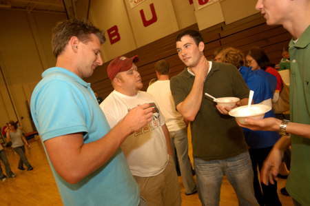 Junior Matt Trammell and senior Matt Oshel talk with an incoming freshman about life at Union.