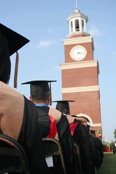 Miller Tower is a picturesque background to the graduation ceremony.