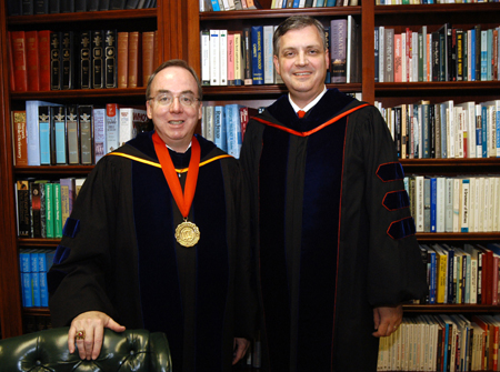 President Dockery poses with commencement speaker R. Albert Mohler Jr., president of Southern Baptist Theological Seminary in Louisville, Ky. shortly before spring graduation.