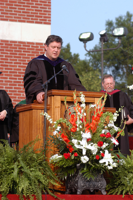 Steve Gaines, pastor of Gardendale Baptist Church and father of Biblical studies graduate Grant Gaines, leads the invocation at spring graduation.