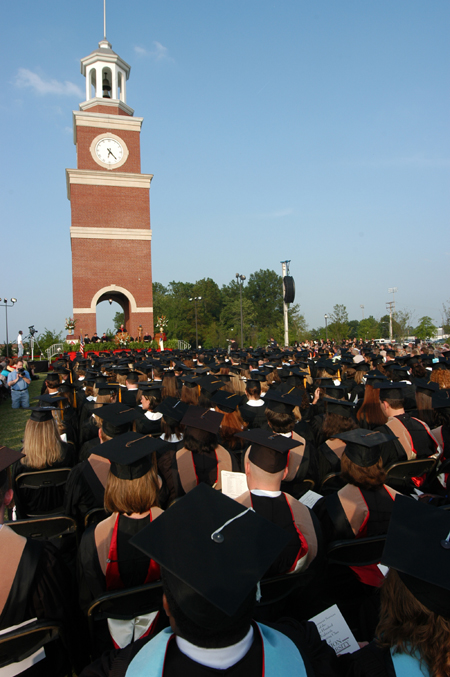 Miller Tower is a picturesque background to the graduation ceremony.