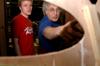 Theatre Professor David Burke works with Junior Andy Morris on the set of the theatre's production of <i>Shadowlands</i>. - Photo by Lindsay Stavish