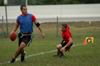 Intramural Flag Football Action - Onion Jeff Reese looks down field while trying to allude SAE Anthony Columbatto. - Photo by Kristen Hiller