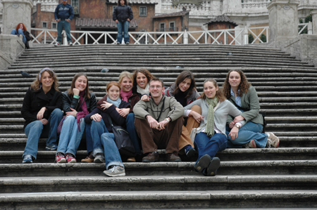 Sara Nadaskay, Amanda Herron, Patricia Williams, Beth McDowell, Liz Cannava, Ron Holley, Jenny Brewer, Shelley Harry and Anna Pashley in Rome during their Study Abroad trip.