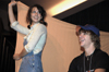 Sophomore Lydia Livingston hides Joshua Hoard, a contestant in a dating game, from three lovely bachelorettes during the Focus Show. - Photo by Kathleen Murray