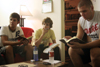 Freshmen Josh Hays, Matt Elia, and Parker Shipp participate in a Bible study with their resident assistant during New Student Orientation. - Photo by Kyle Kurlick