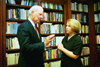 Associate professor of political science, Dr. Ann Livingston, gets a chance to question James Baker prior to the Scholarship Banquet. - Photo by Jim Veneman