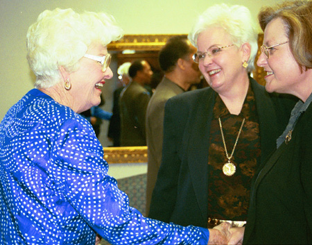 Nancy Easley (center), director of graduate studies in education on the Germantown campus introduces her mother Bea Maulden (left) to Ann Singleton, chair of the education department at the Germantown Five Year Anniversary Reception.