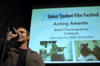 Senior Filmmaker Matt Brubaker accepts the award for Best Choreography for his film <i>Catalyst</i> during the Third Annual Union Student Film Festival. - Photo by Kathleen Murray