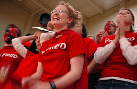 Rachel Melton cheers on the Lady Bulldogs with fellow students at the Lambuth game.