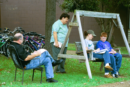 Freshman Stephanie Gardner shows her family what life at Union is like during Family Weekend 2002.