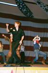 Matt Lott, Adam Winters, and Brandon Nelms imitate the Village People for the Small Group Winning Onions during the SAC Variety Show. - Photo by Lindsay Stavish