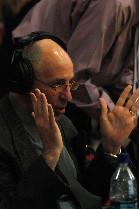 Steve Beverly, associate professor of communication arts, does play-by-play analysis for Bulldog basketball games that are aired on JEA's cable system.