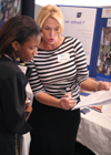 Union University Rising Star and Junior Math major Miranda Wells discusses career opportunities in financial advising with Patti Gray, Union alumna and recruiter with Northwestern Mutual Financial Network. - Photo by Kyle Kurlick