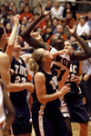 Freshman center Josephine Owino goes up for a rebound with four Master's players around her.  Union won the game 62-51 to advance to the title game in the NAIA National Tournament. - Photo by Brad Moore