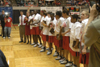 Union University's Lady Bulldogs line up to receive national championship accolades after their 2006 victory over Lubbock Christian at Oman Arena. - Photo by Jim Veneman
