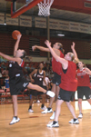 Junior Ginger Bryant blocks the shot of freshman Jennifer Henson in the women's scrimmage during Midnight Madness.
 - Photo by Jim Veneman