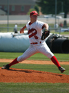 Clint Arthur, a junior pitcher, makes his delivery to the plate in a game versus Cumberland. - Photo by Steven Aldridge