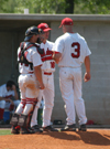 Union's first-year head coach Brent Fronabarger gives instructions to Union starter Garrett Pepper and catcher Zach Lowery during a weekend series versus Cumberland. - Photo by Steven Aldridge