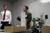 Engineering students David Foster and Josh Shrewsberry present their research on robotics during the Scholarship Symposium. - Photo by Kyle Kurlick