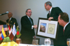 President David S. Dockery is presented with the 2002 Distinguished Alumni Award from Southwestern Baptist Theological Seminary at a dinner during the Southern Baptist Convention.  Presenting the award is Southwestern President Kenneth S. Hemphill. - Photo by Jim Veneman