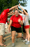 Sophmore Kristin Jennings gets pumped up at a pep rally with fellow students before a Bulldog soccer match. - Photo by Kyle Kurlick