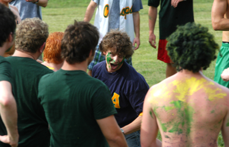 Freshman Matt Elia gets rowdy with the men of Lambda Chi Alpha on Bid Day.