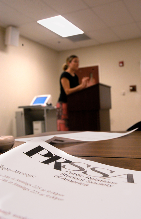 Michelle Pierce, president of the Union chapter of PRSSA, conducts the chapter's inaugural meeting following a public relations class.